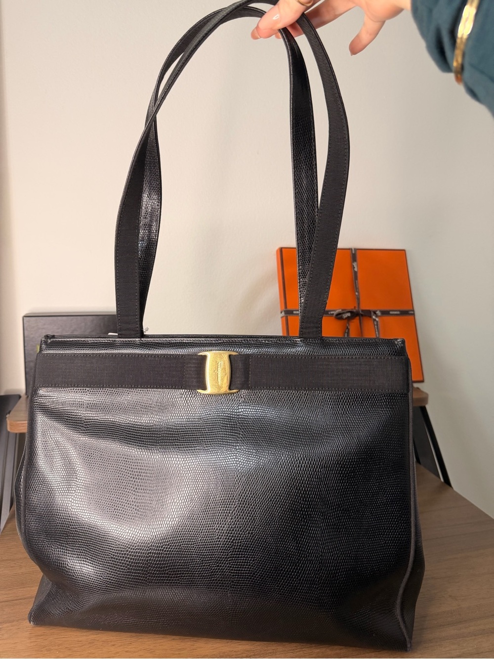 AUTHENTIC - Salvatore Ferragamo Black Leather Shoulder Tote